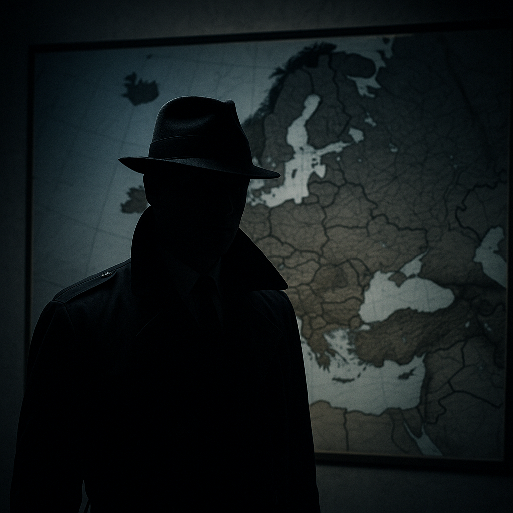 A shadowy figure in front of a map of Europe, symbolizing espionage and geopolitics