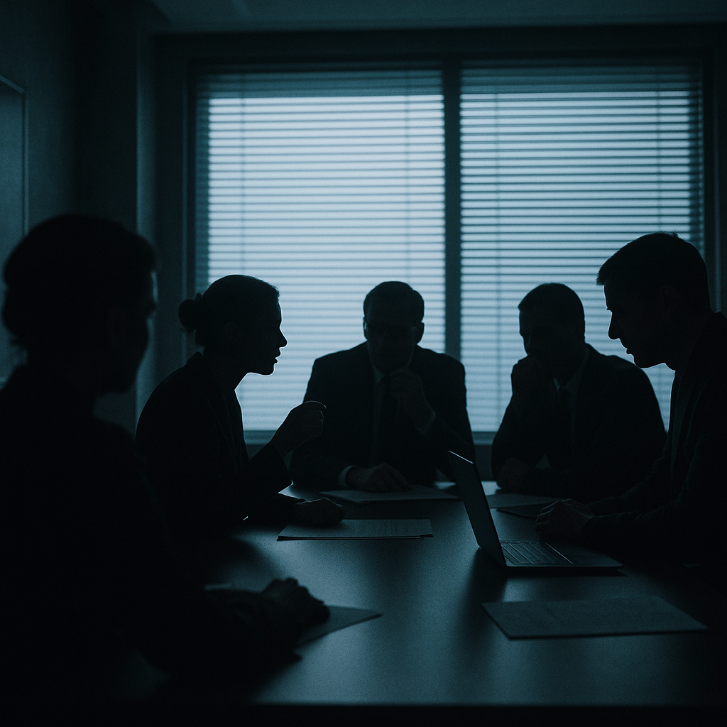 A meeting room with blurred silhouettes of individuals in deep discussion, symbolizing secrecy and intelligence strategy