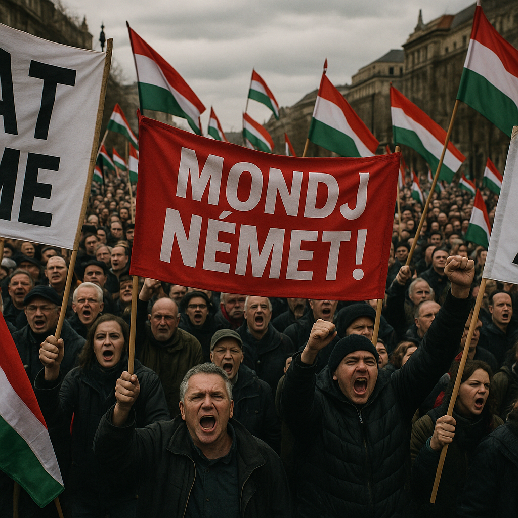 A politically charged protest scene in Hungary, with Hungarian flags and anti-government signage
