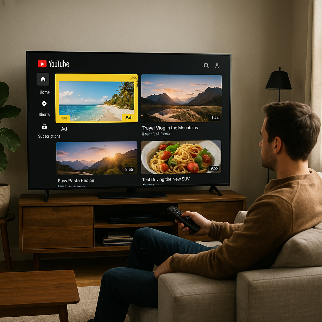 A person watching YouTube on a smart TV in a living room setting