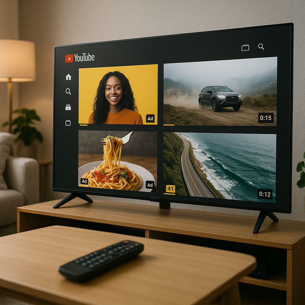 A TV displaying YouTube interface with ads and a remote control nearby