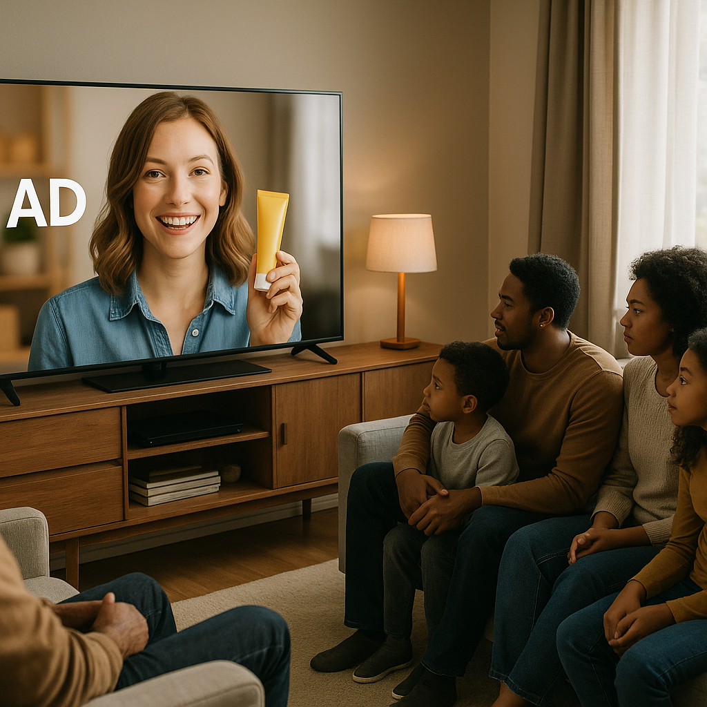 Industry meeting discussing advertising trends, with charts and notes on a whiteboard in the background