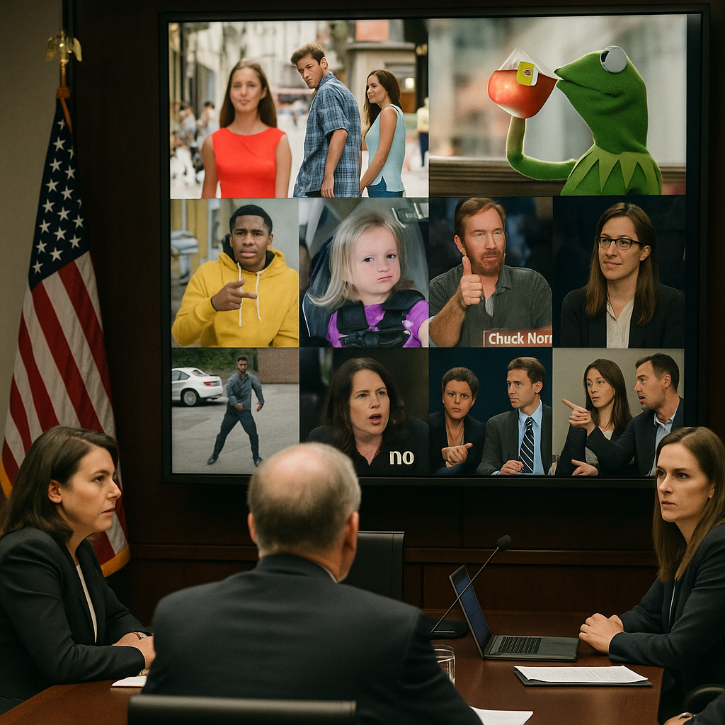 A government office setting with a screen displaying viral social media memes.