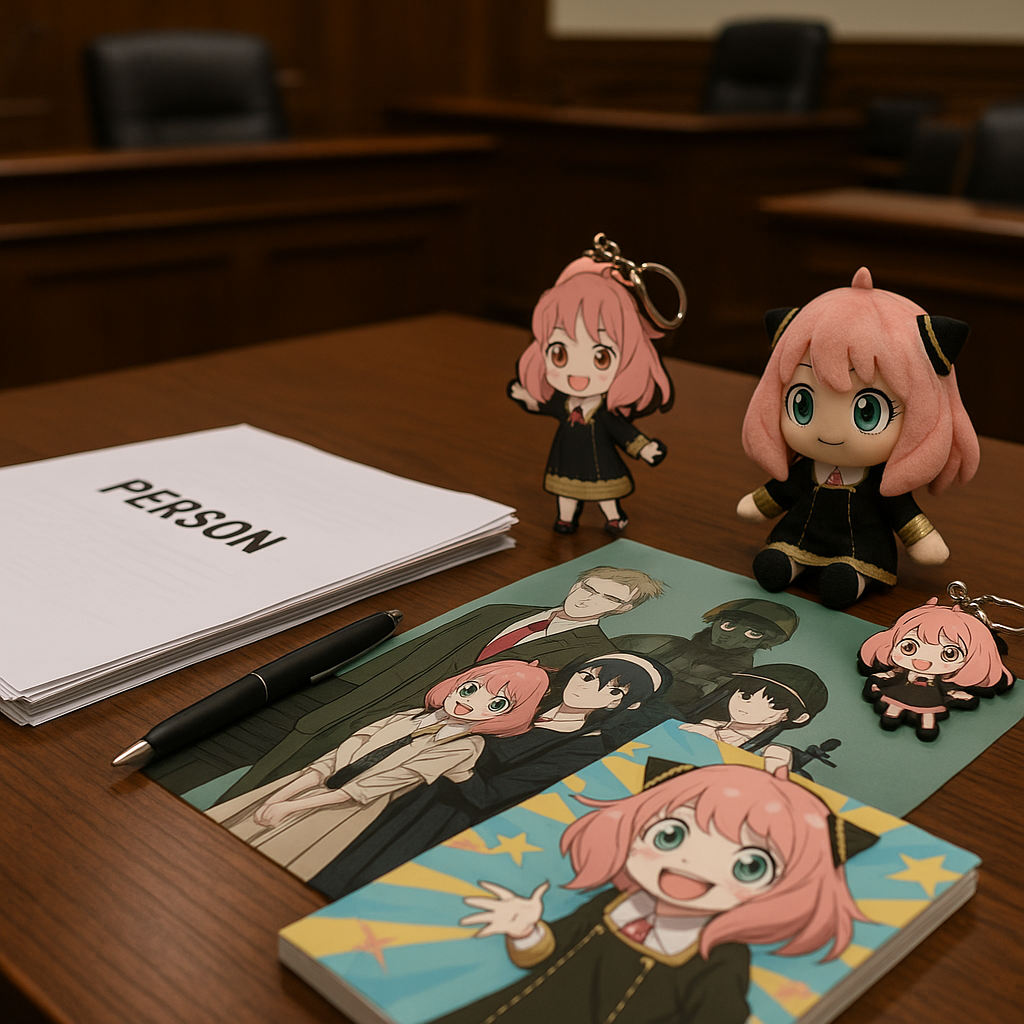 A courtroom with a focus on intellectual property law documents, framed against anime merchandise on a table.