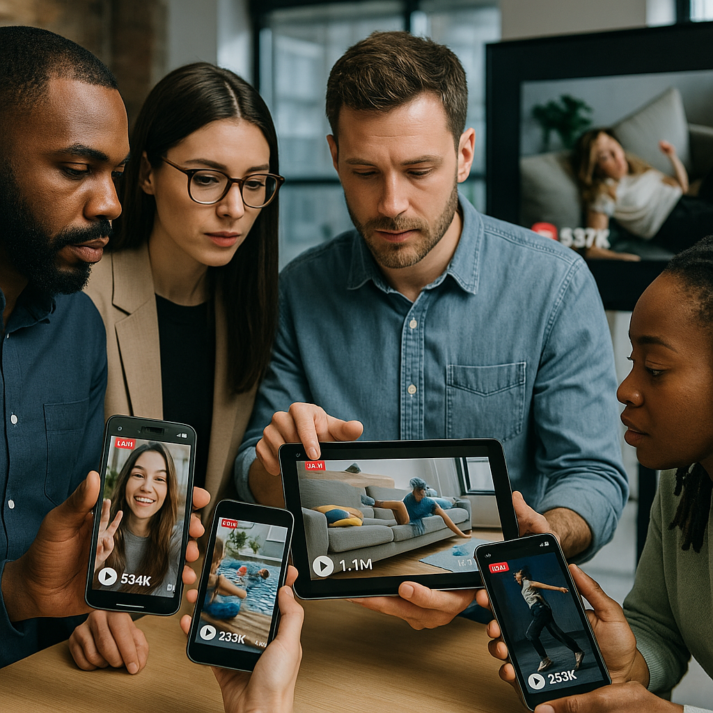 People engaging with a smartphone screen displaying social media analytics and trending clips.