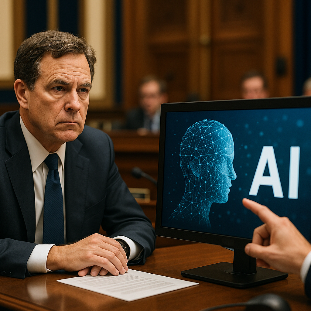 A legislator in a hearing room watching an AI demonstration during a congressional testimony