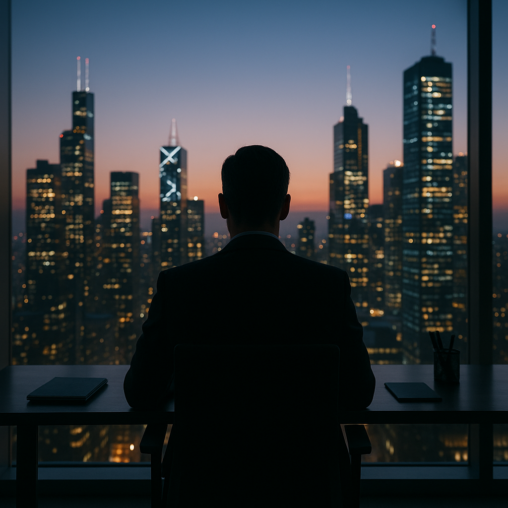 A silhouetted figure in a high-rise office overlooking a futuristic city skyline