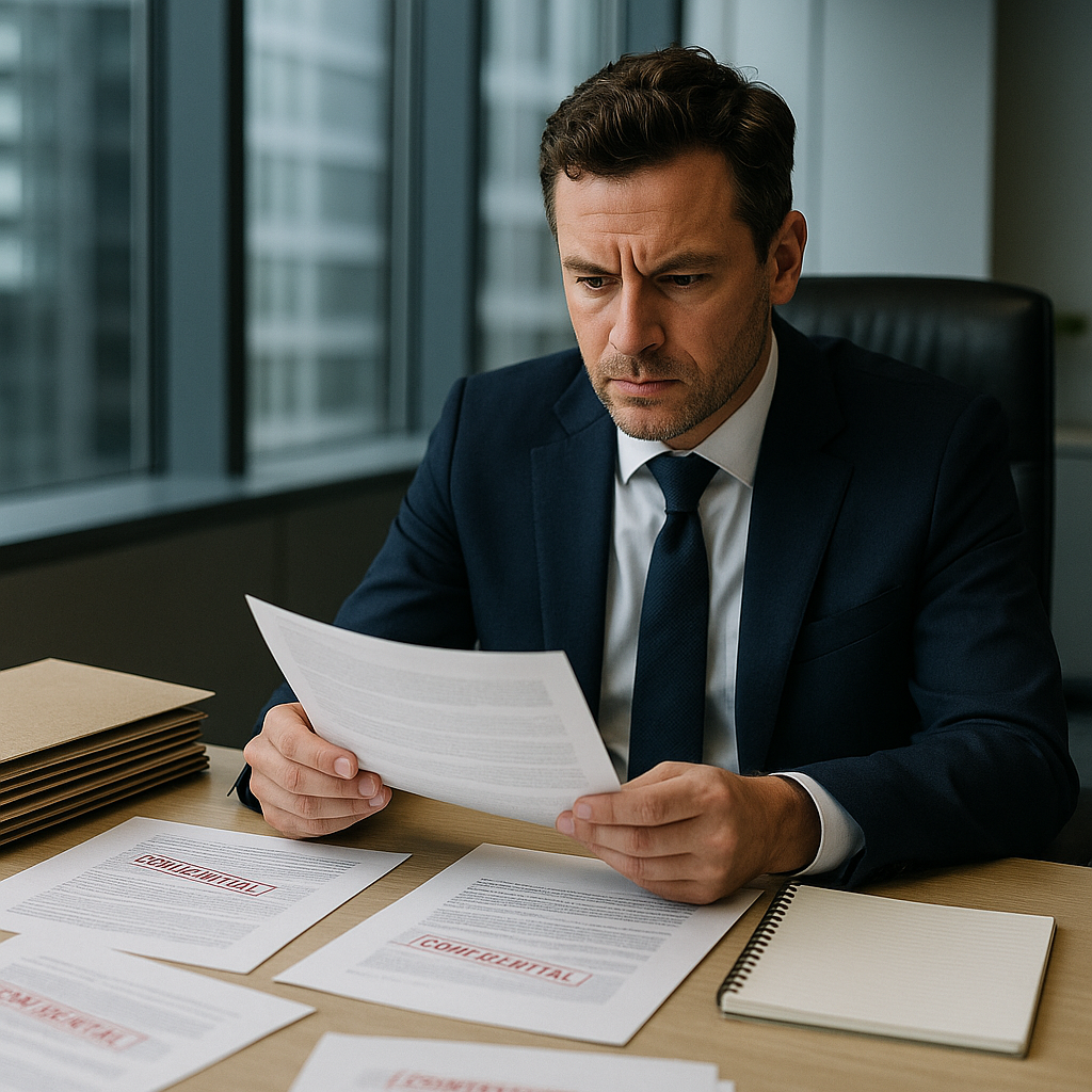 A businessman seated at a desk, surrounded by confidential folders and an empty notepad