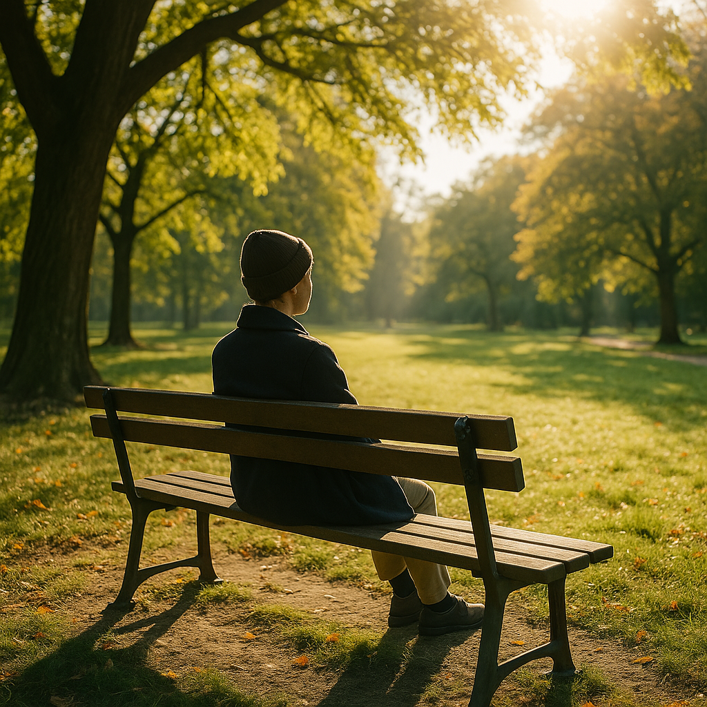 A relaxed person sitting on a park bench under the sun, enjoying leisure time