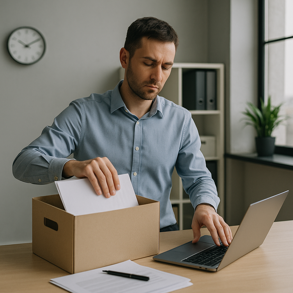 An office worker packing away work-related documents on a clean, minimal desk