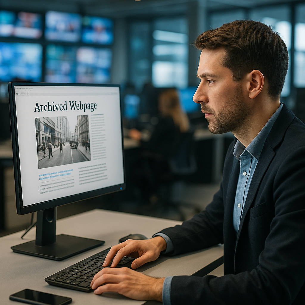 A journalist in a newsroom reviewing archived documents or reports on a smartphone