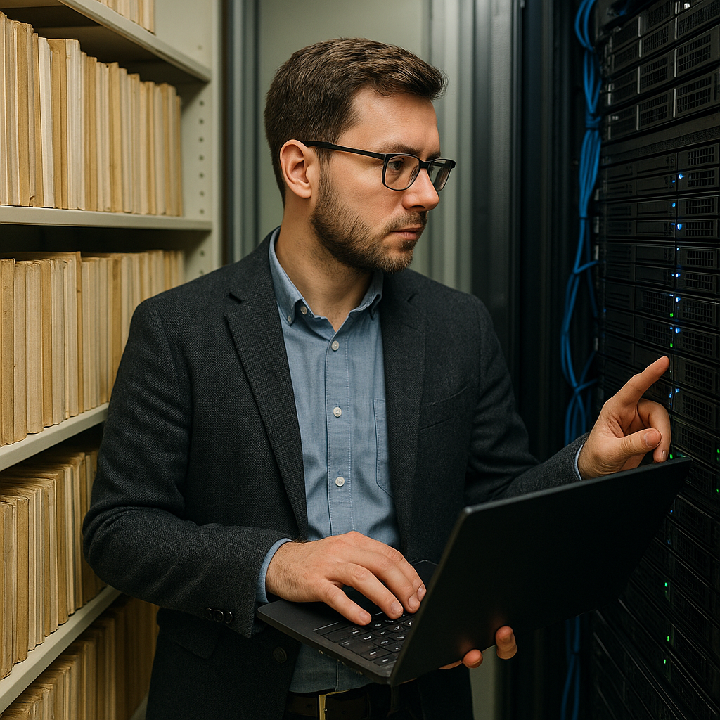 A digital archivist inspecting a physical library alongside servers holding web archives
