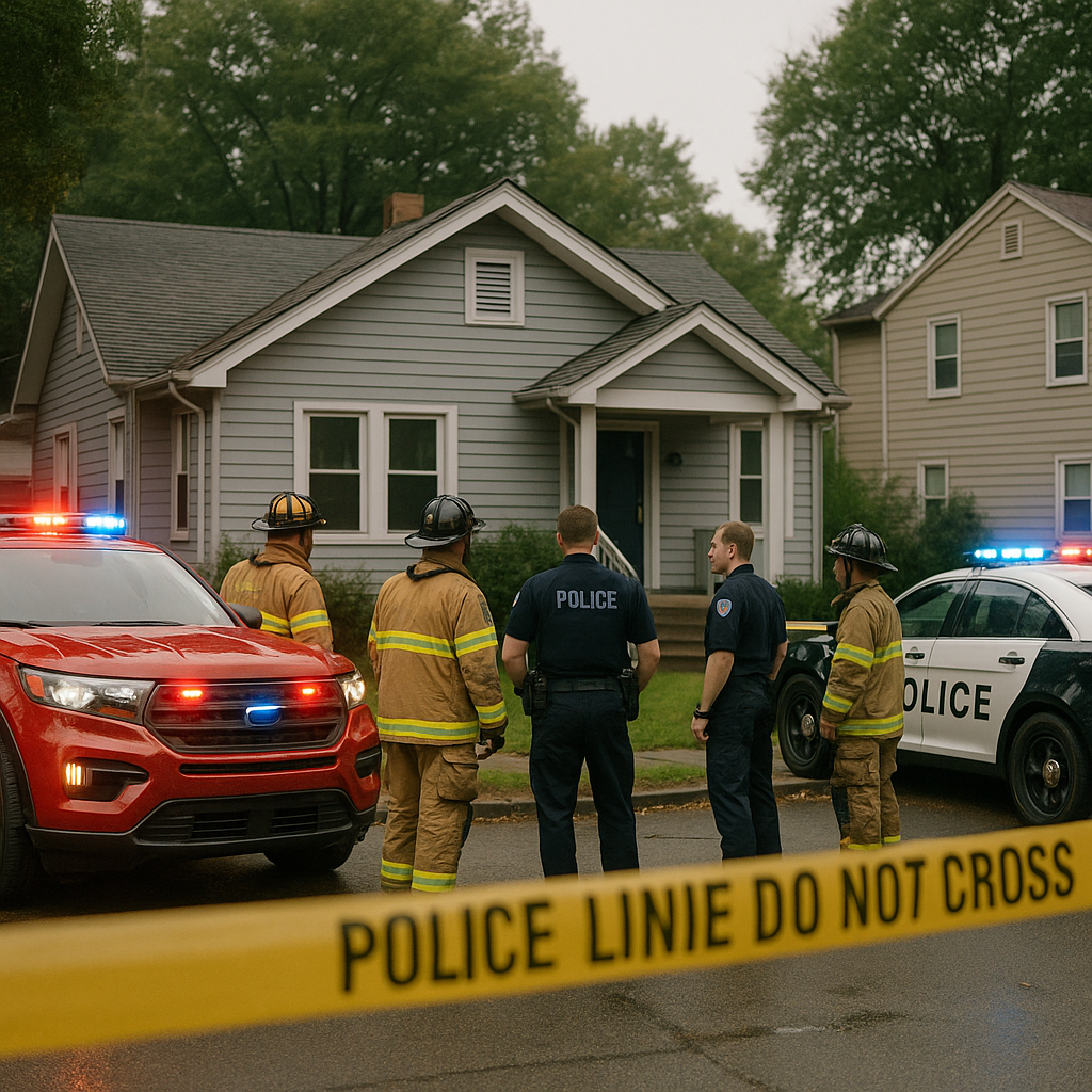 Emergency responders outside a suburban home marked by police tape