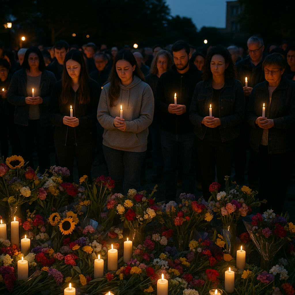 A vigil with candles, flowers, and photos placed by a grieving community