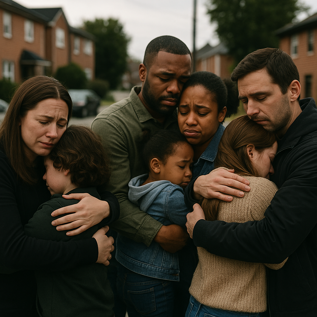 Families embracing in grief at a vigil site in a small residential neighborhood