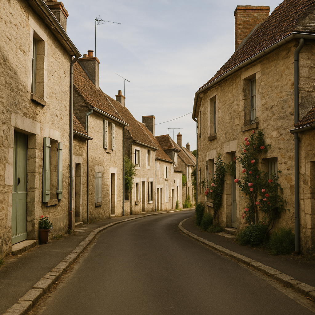 A French village street, depicting small houses and narrow roads