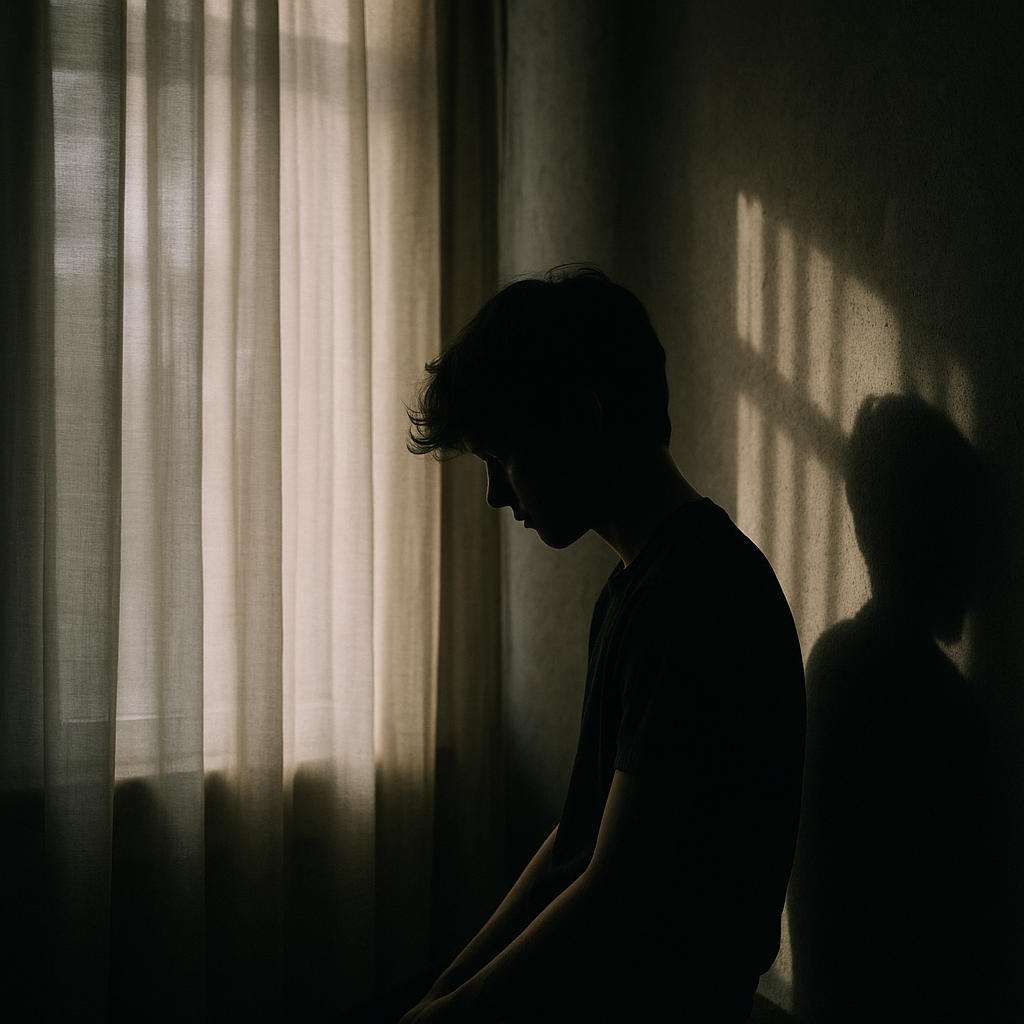 A child’s shadow near a window in a dimly lit room, symbolizing neglect and isolation