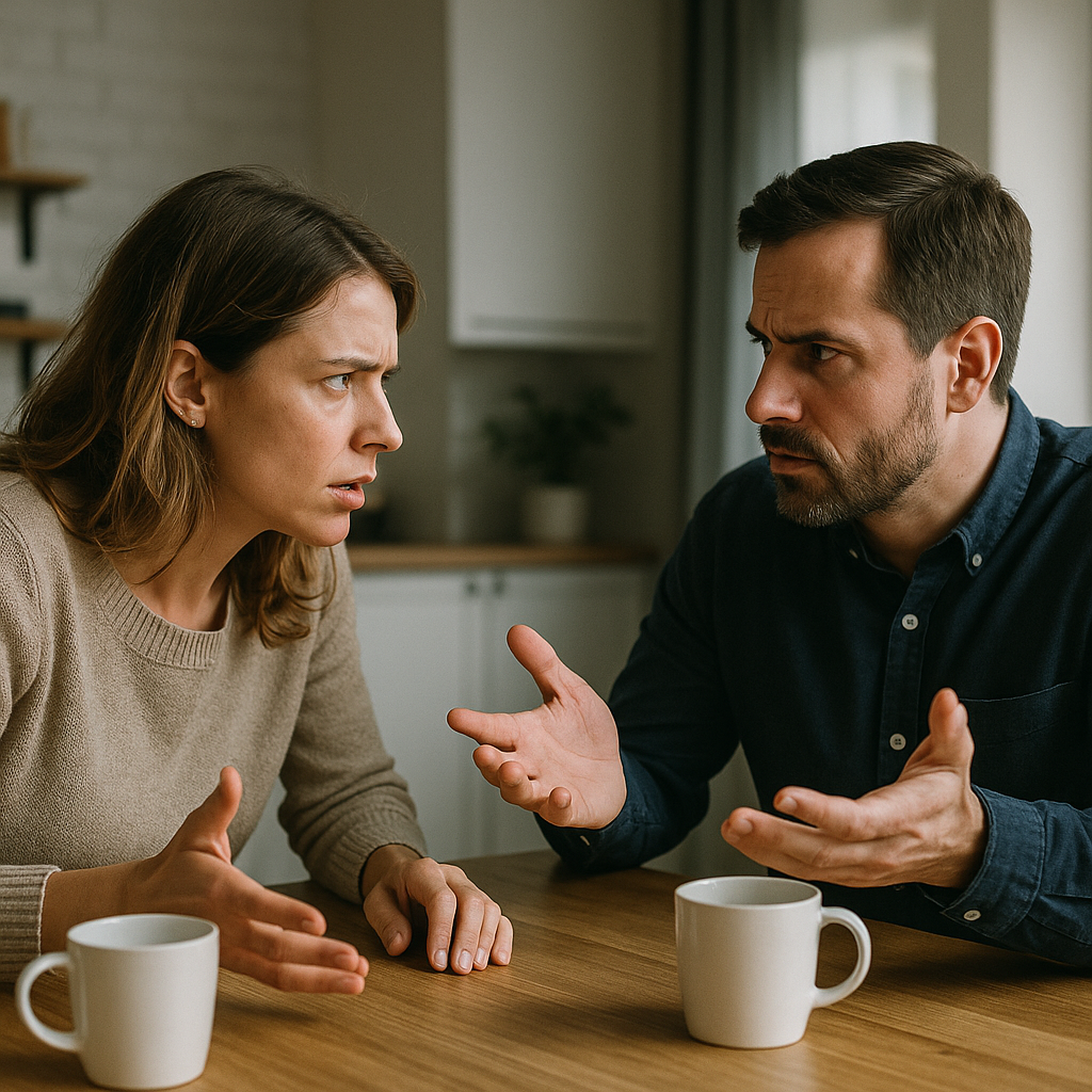 A couple engaged in a tense discussion at a dining table