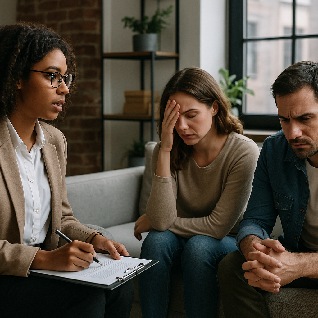 A family therapist speaking with a couple on a couch
