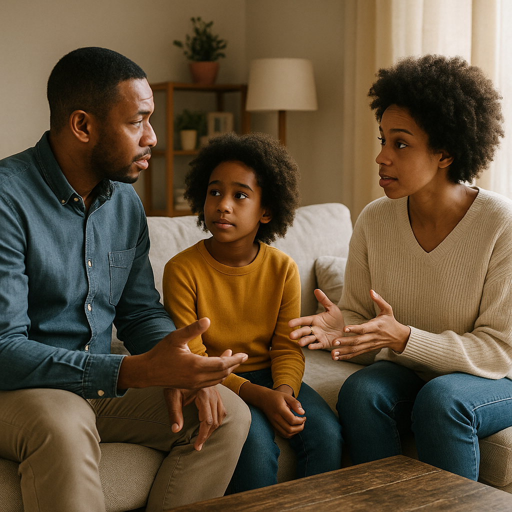 A family sitting together peacefully in a living room, engaged in discussion