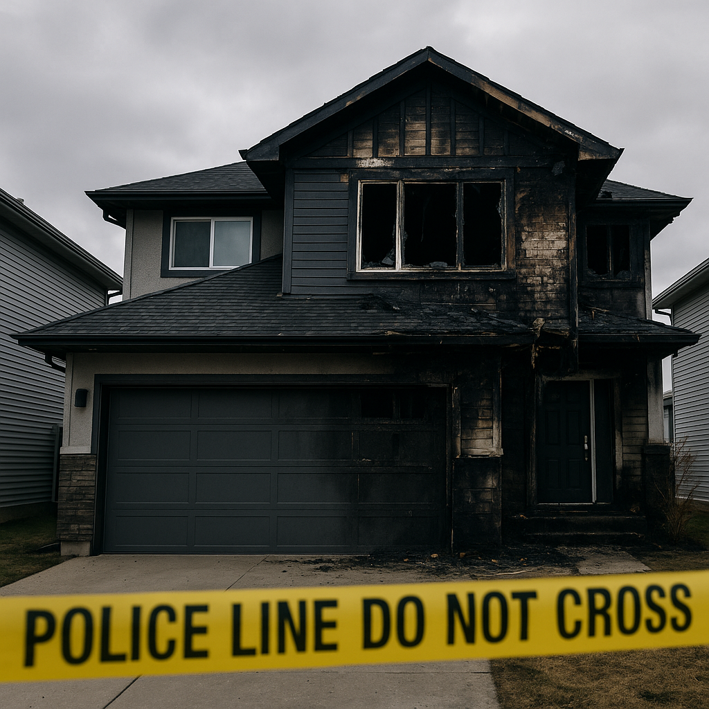 Police tape in front of a modern home with visible fire damage