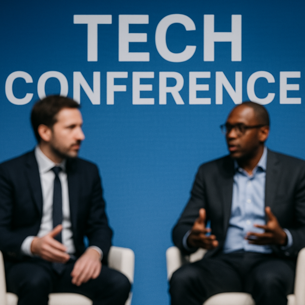 A tech conference stage with blurred silhouettes of speakers visible in the background