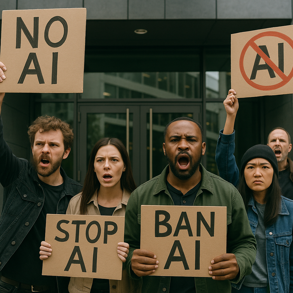 Protesters with anti-AI signs gathered outside a tech company's headquarters