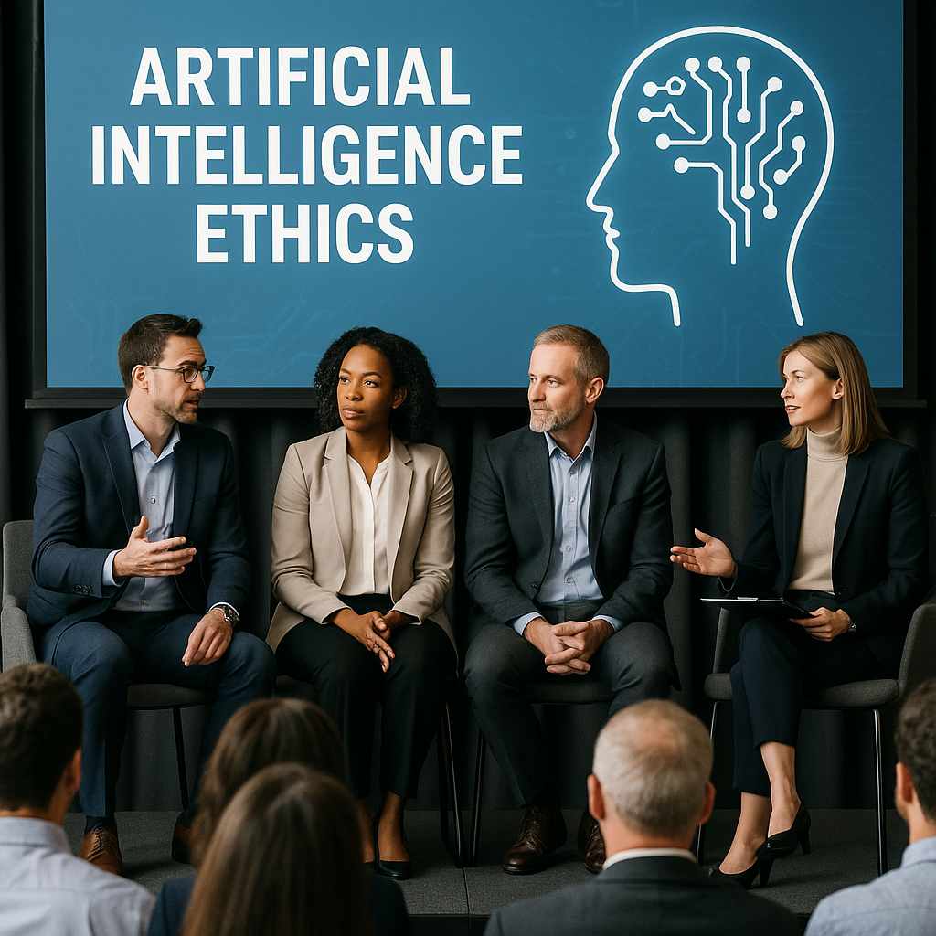 A tech conference panel discussing AI ethics