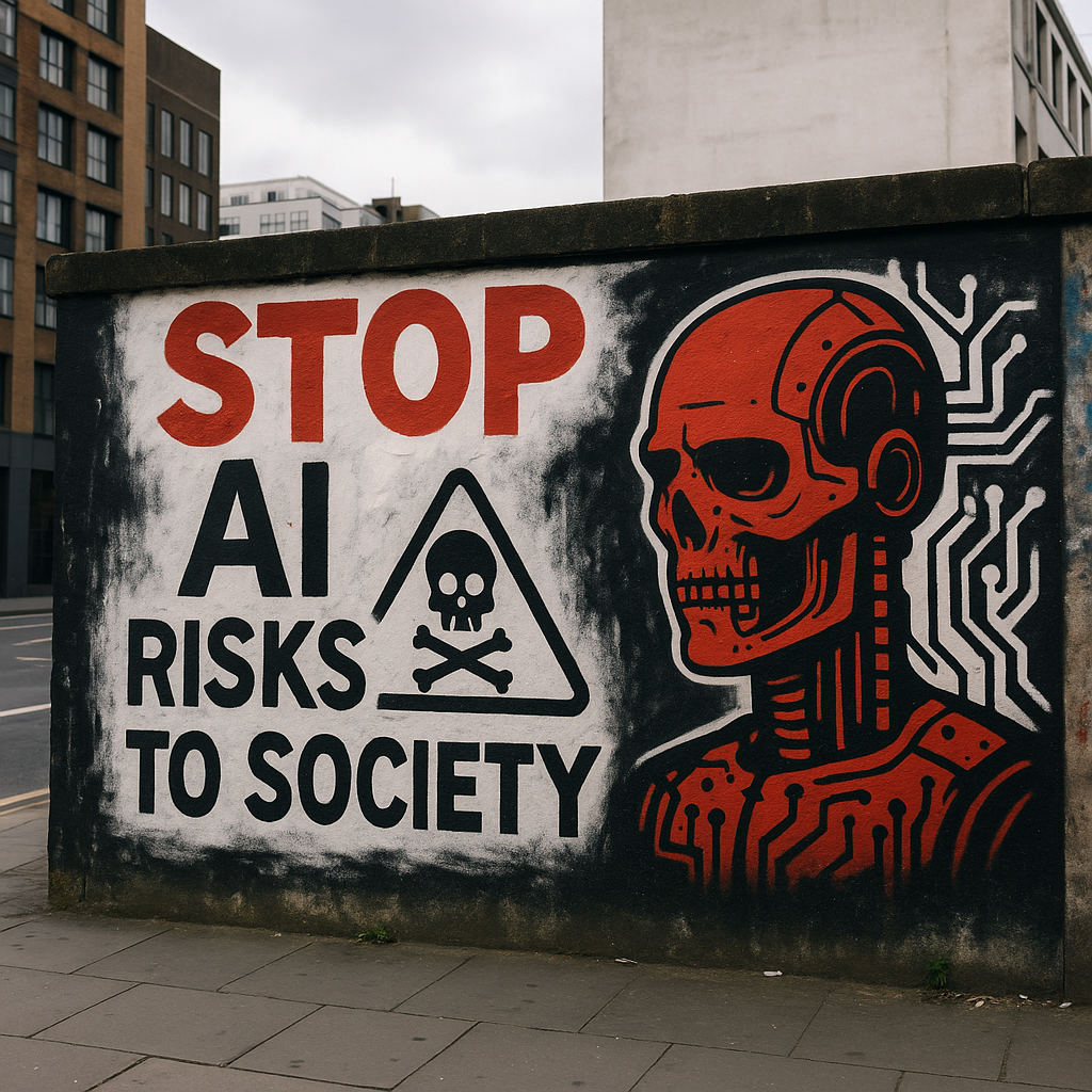A street mural warning about AI and its potential societal impact