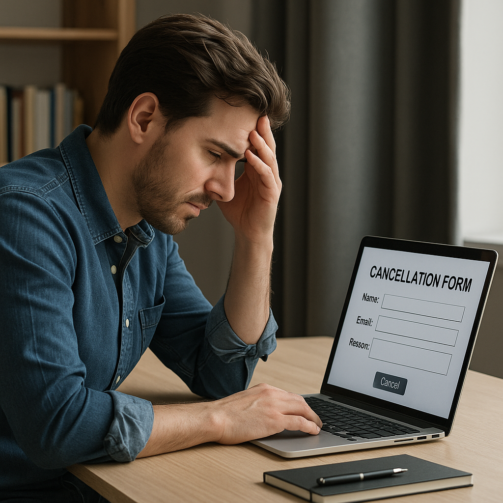 A frustrated individual peering at their laptop with a half-completed cancellation form on screen