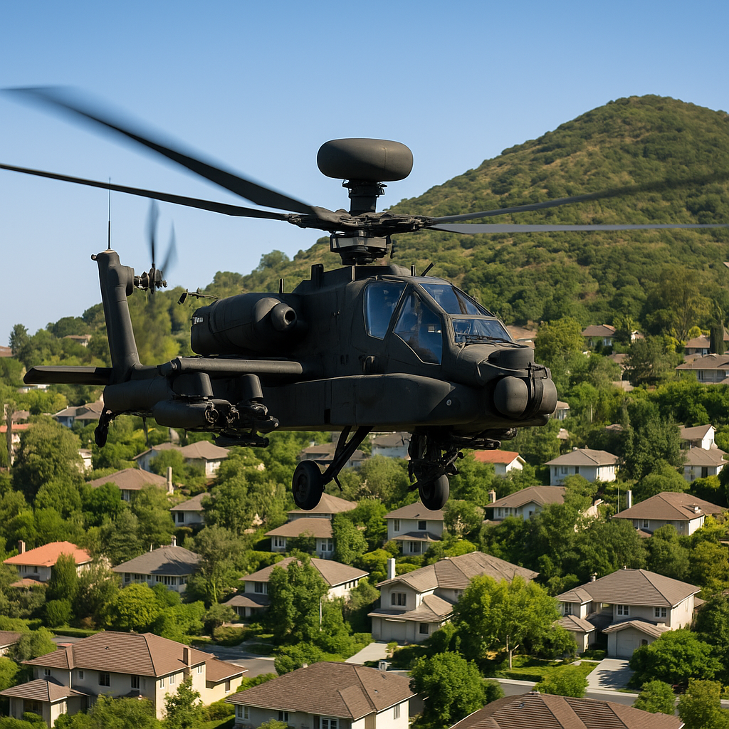Aerial view of AH-64 Apache helicopter flying low over a residential area