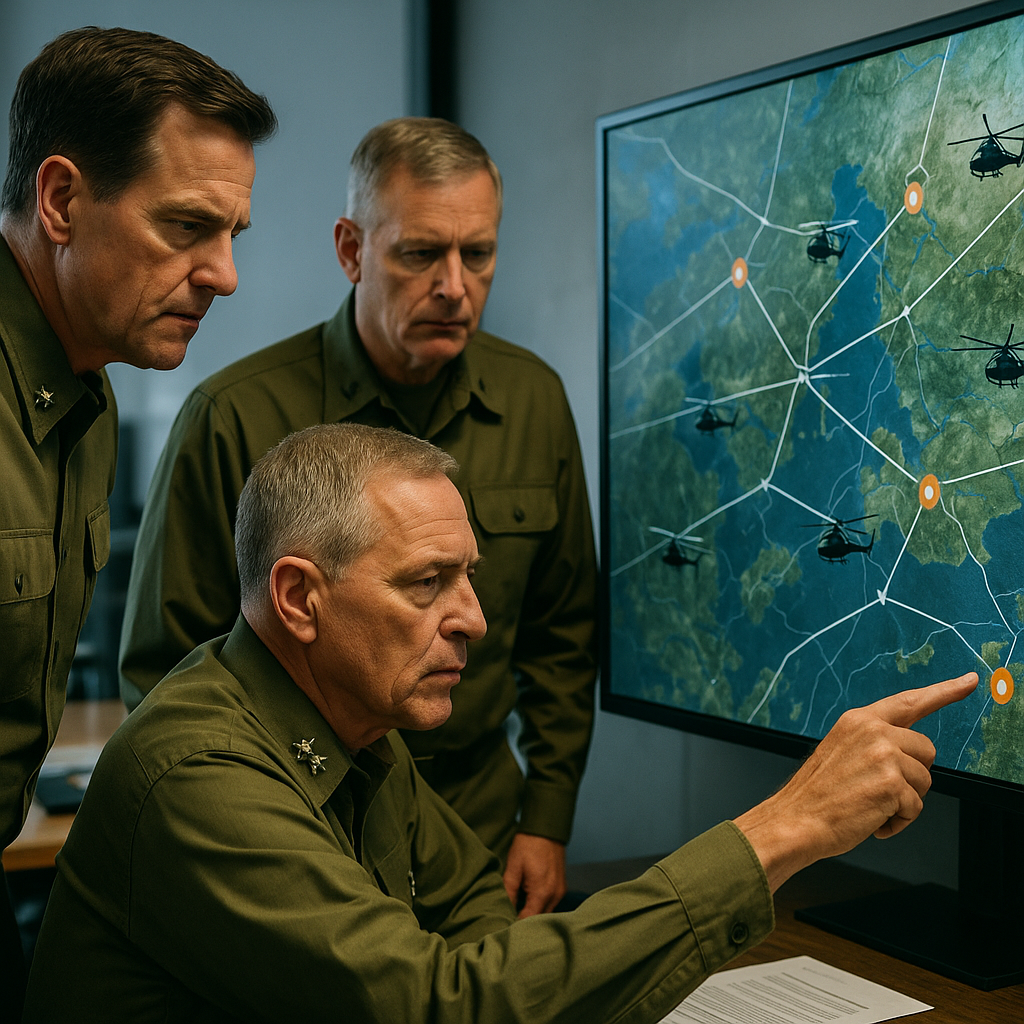 Military officials discussing a flight plan over a digital map with helicopters visualized