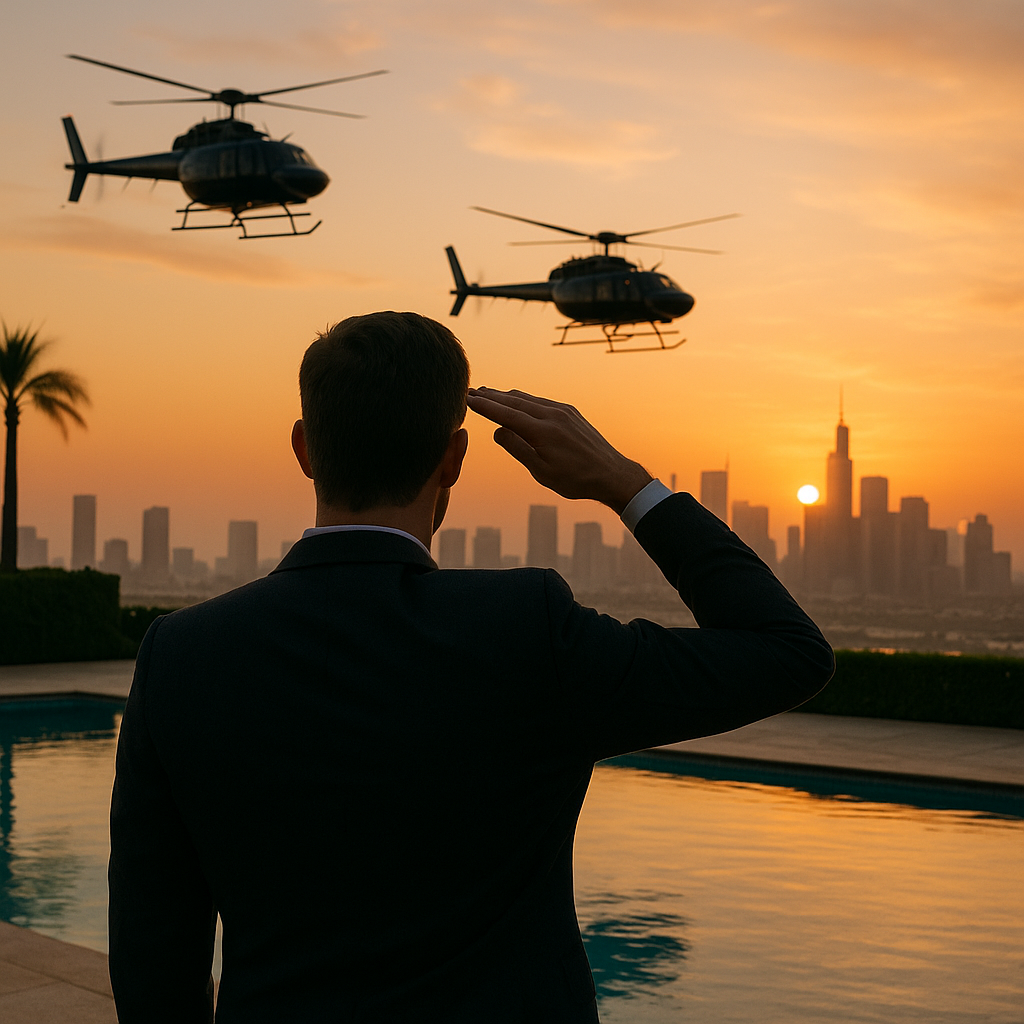 Kid Rock standing by the pool saluting, silhouetted helicopters hover in the distance