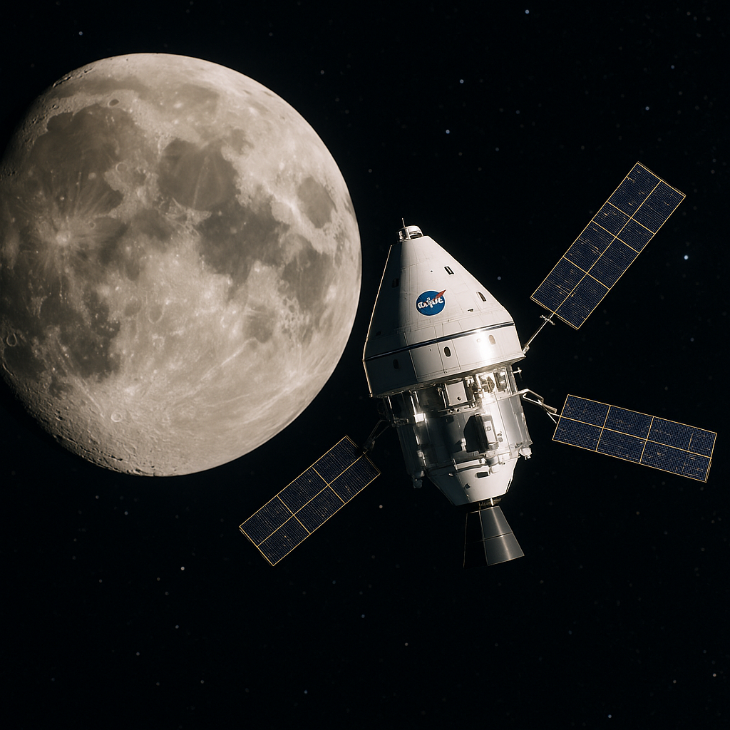 An artist's rendering of the Artemis II spacecraft orbiting the moon
