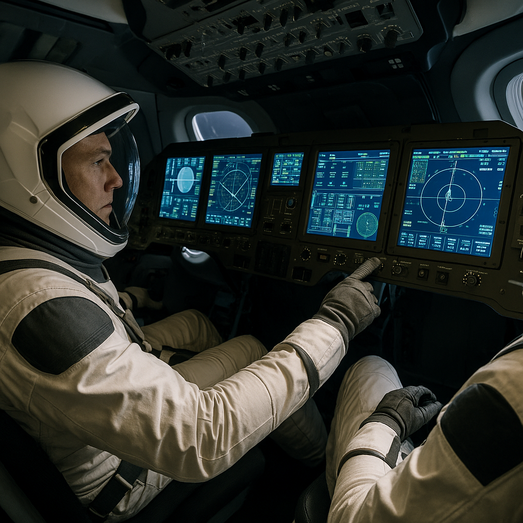 Astronauts monitoring advanced displays inside Orion's cockpit