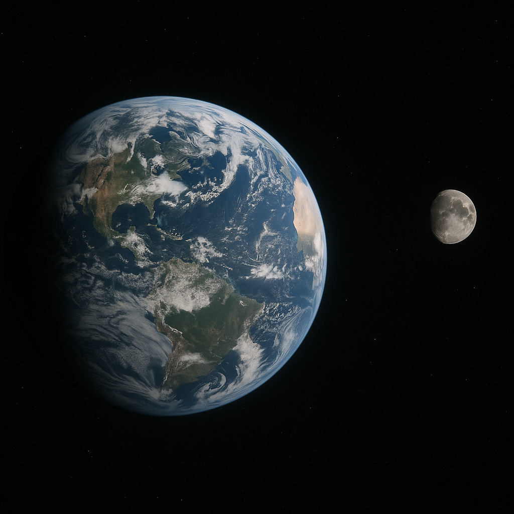 The Earth and moon seen from deep space, illustrating vast distances