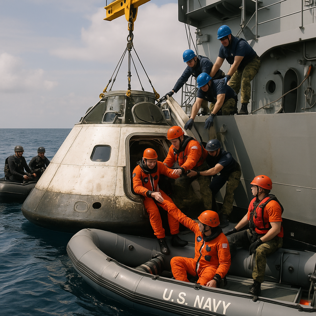 Recovery teams assisting astronauts onto ships after splashdown