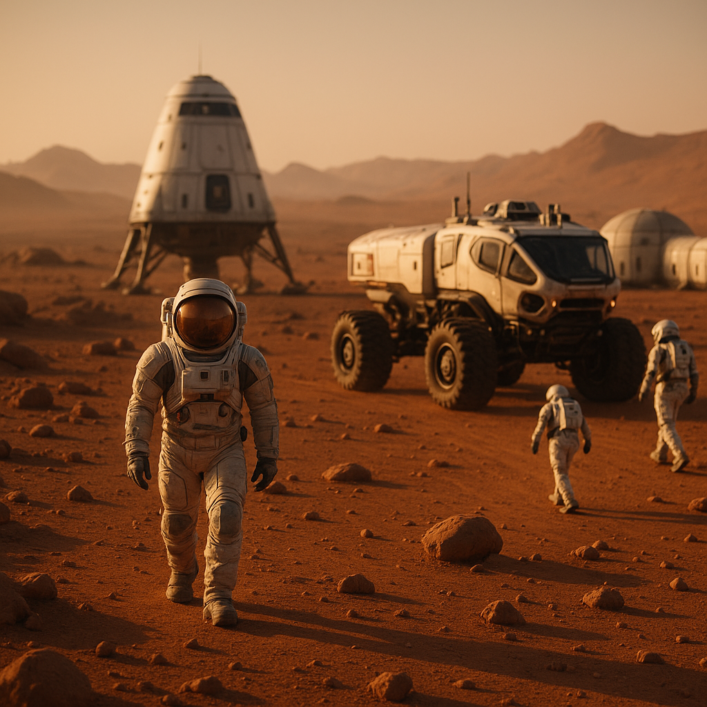 Artistic rendering of a future Mars landing mission with astronauts and rovers on Martian terrain