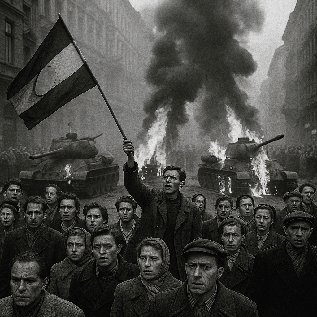 An iconic photo of protesters resisting Soviet tanks in Budapest in 1956