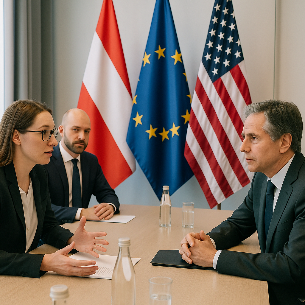 A diplomatic meeting room with flags of Austria, the EU, and the US on display