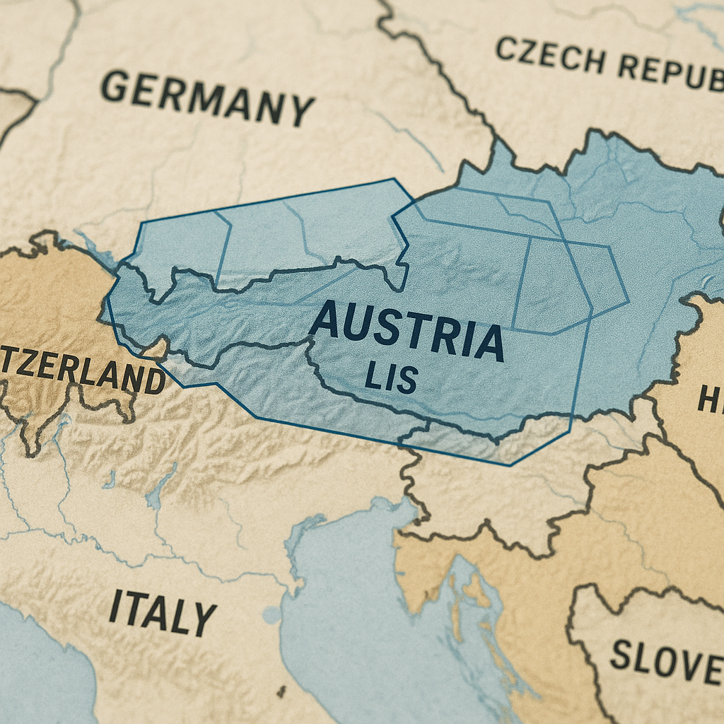 A map showing Austria's airspace superimposed with nearby countries like Germany and Italy