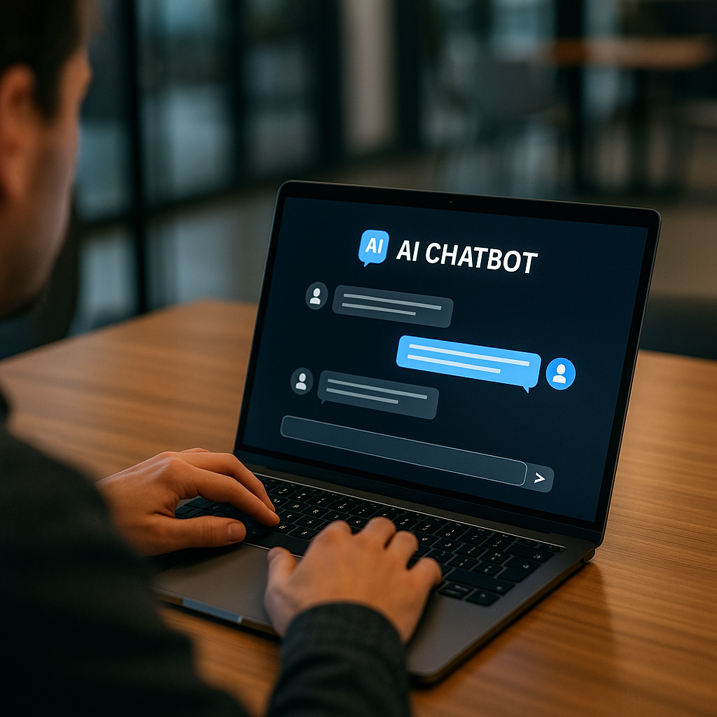 A person typing on a laptop with an AI chatbot interface visible on the screen