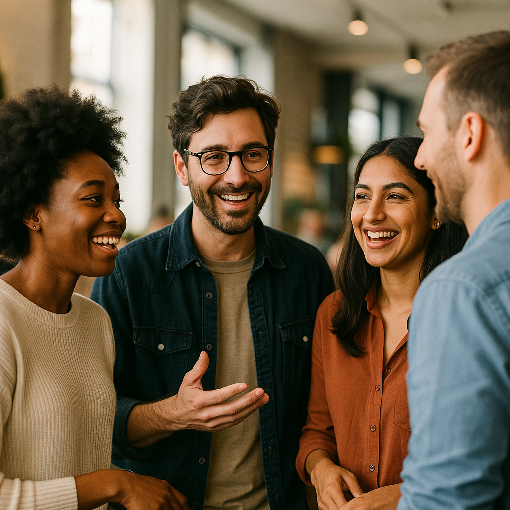 A diverse group of people engaging in a lively discussion in a casual social setting