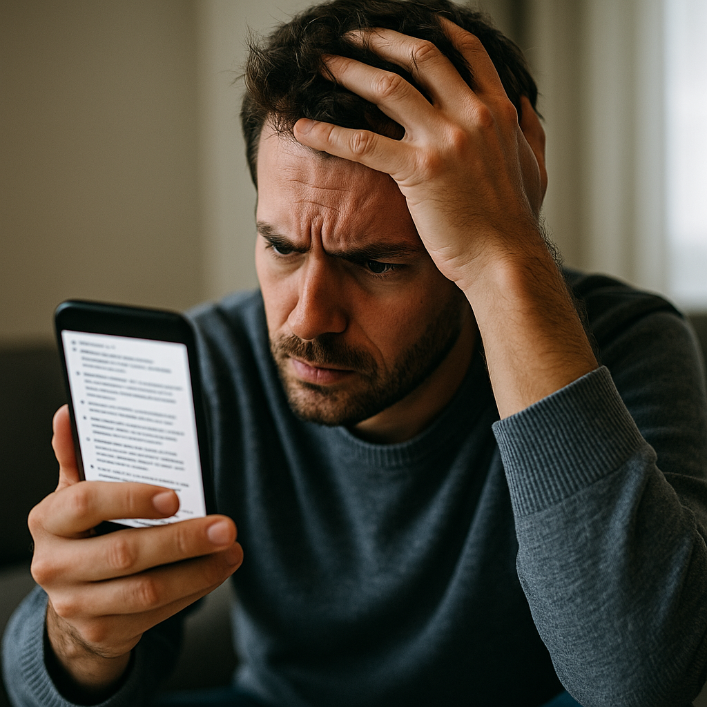 A frustrated user holding their head while looking at confusing advice on a phone screen