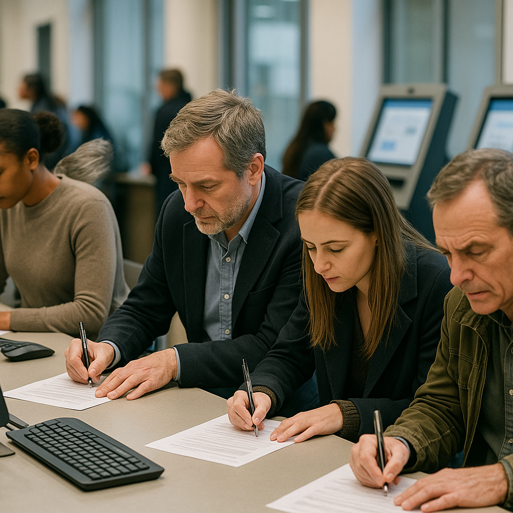 Symbolic image of people signing forms or registering on computers