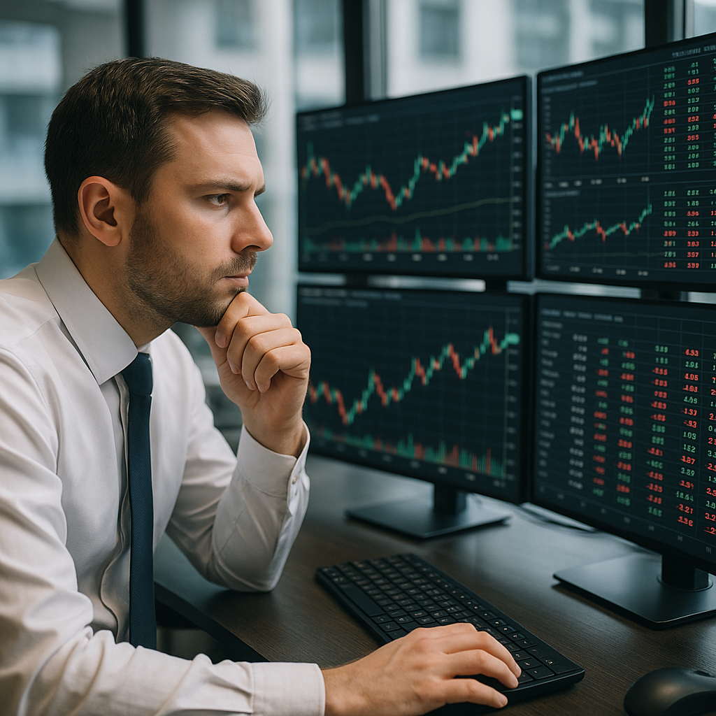 A trader visibly surprised while watching stock performance on multiple screens in a busy office