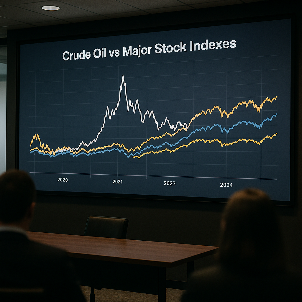 A graph juxtaposing oil price fluctuations with S&P 500 performance over several weeks