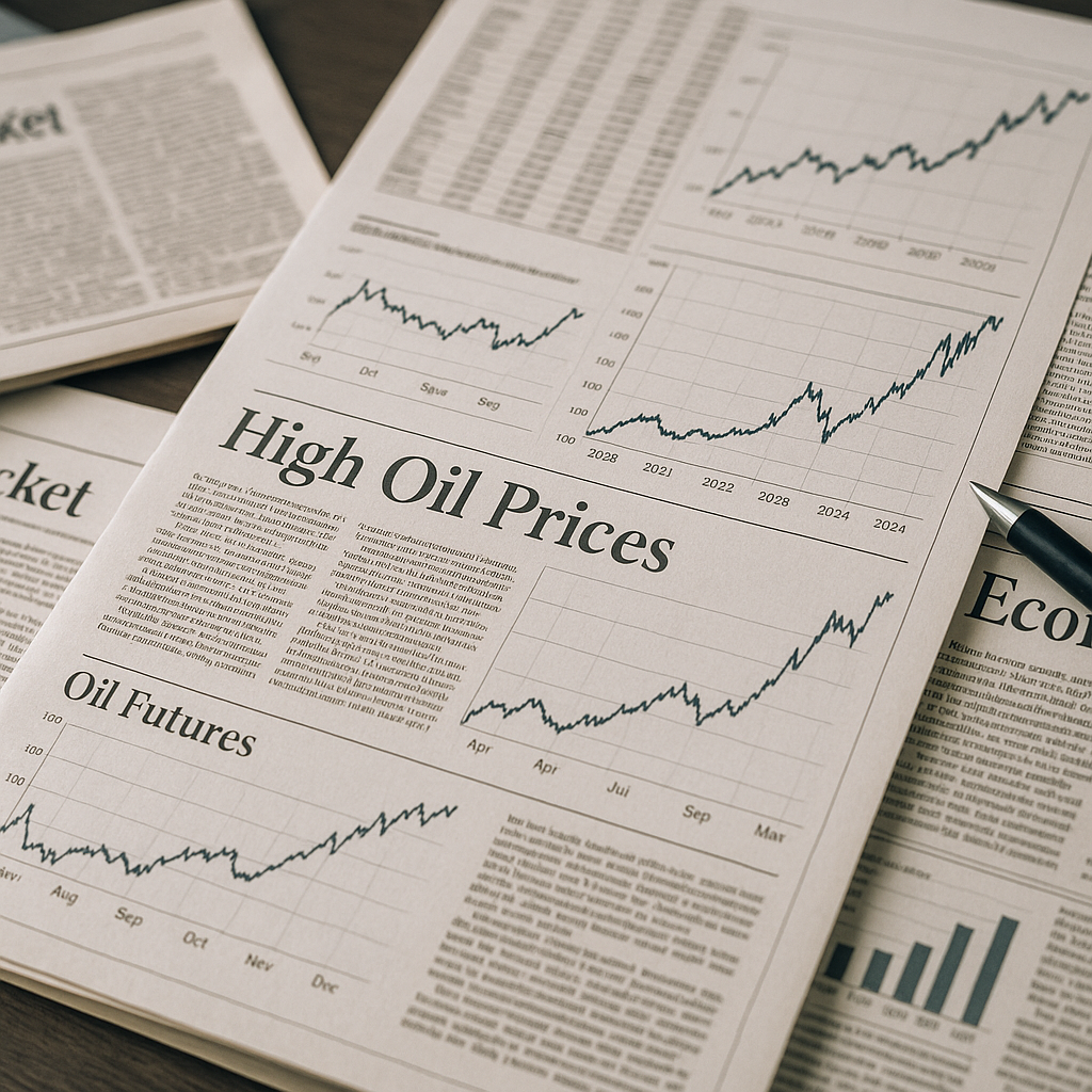 A symbolic graph indicating oil price peaks alongside news clippings analyzing global economic trends