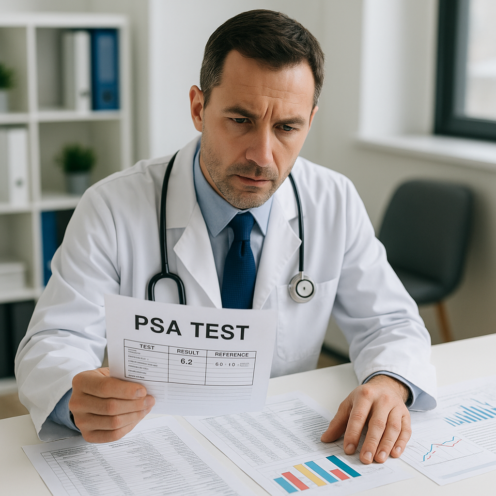 A physician reviewing PSA test results in an office setting