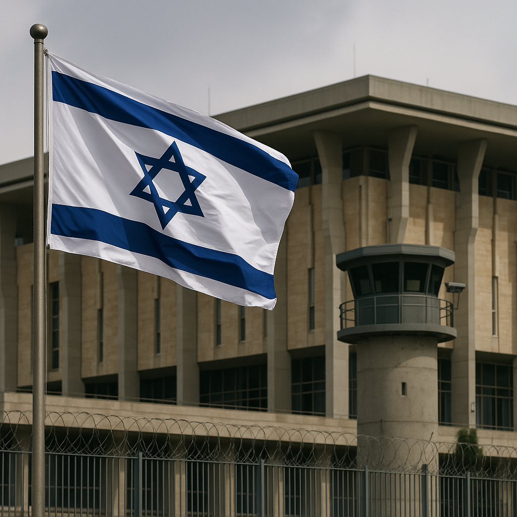 A symbolic display of the Israeli flag against a backdrop of political buildings
